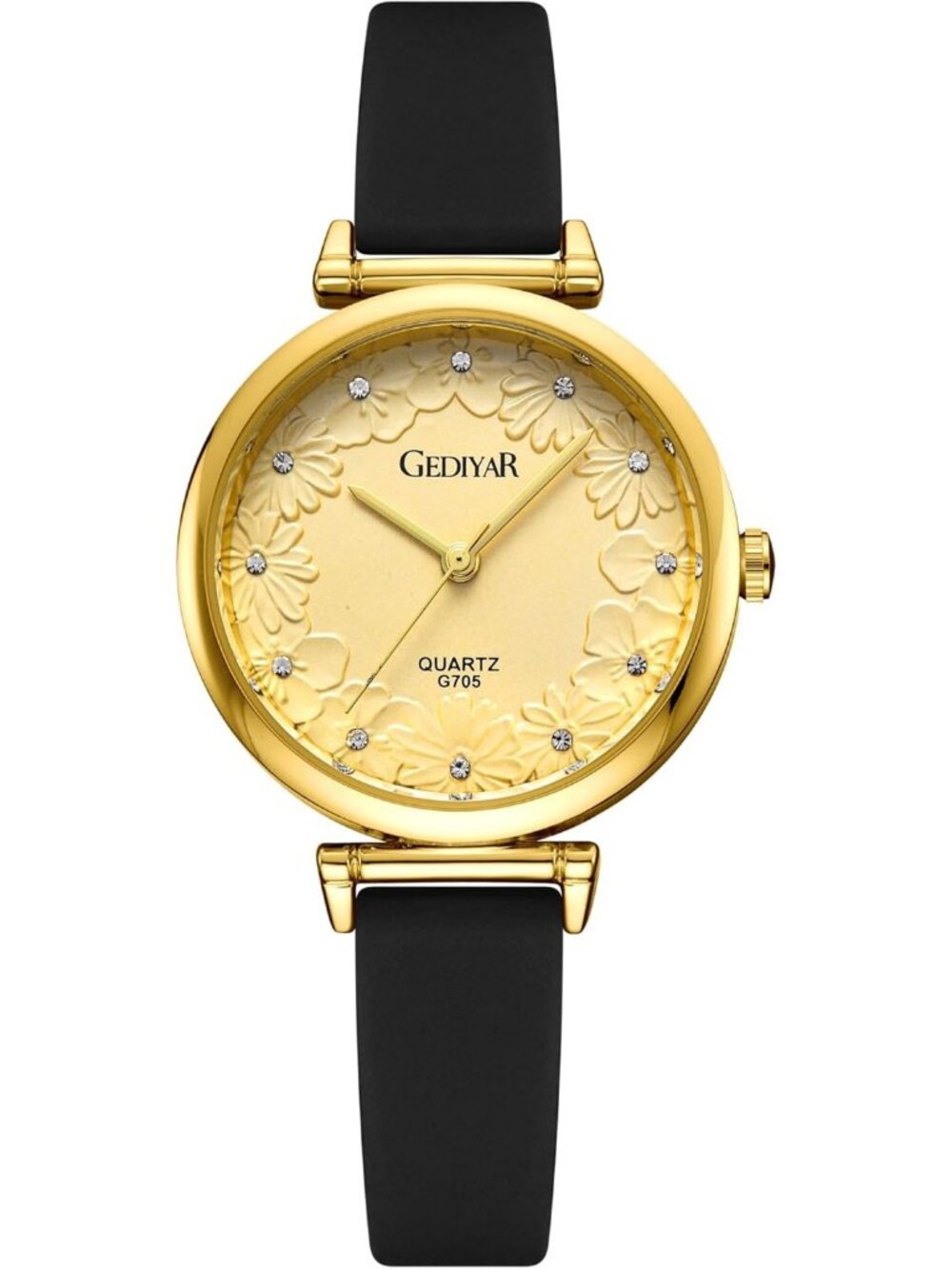 Women's Black Gold Quartz Silicone Band Nurses Lady Floral Pattern Crystal Watch